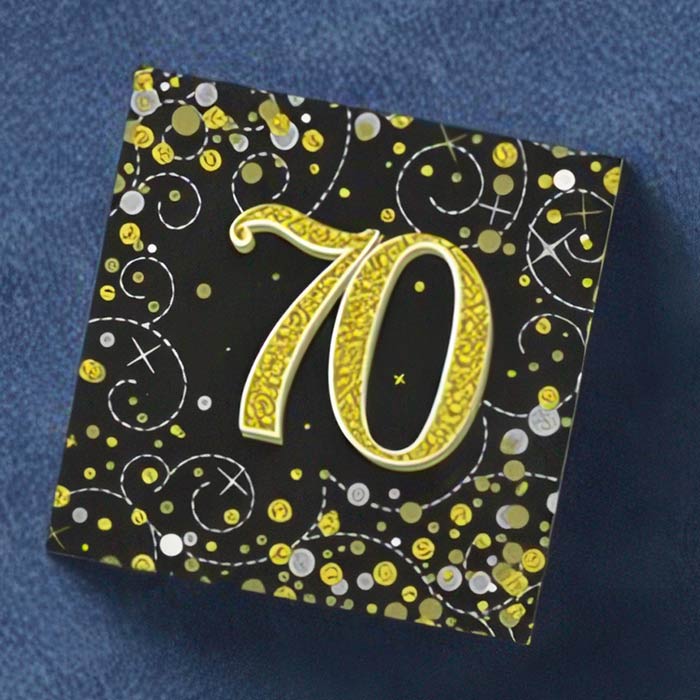 Elegant 70th Birthday Napkins featuring a sparkling gold design on a black background for memorable celebrations