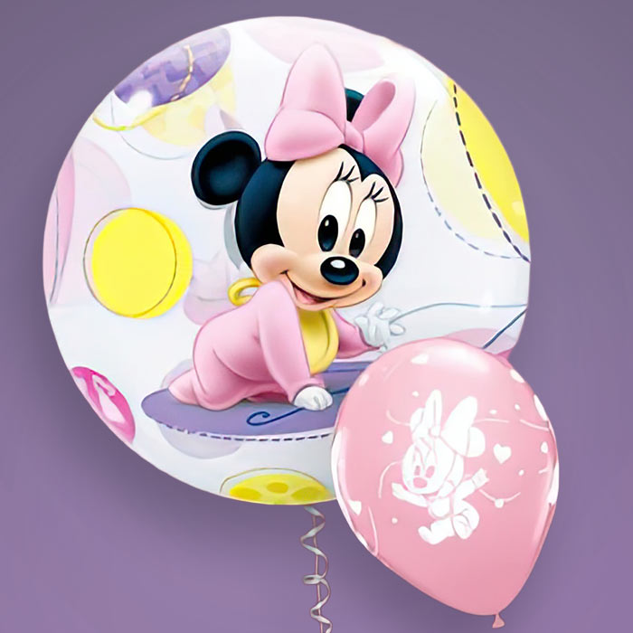 Colorful balloons featuring Baby Minnie Mouse for Minnie Mouse 1st Birthday Party Supplies