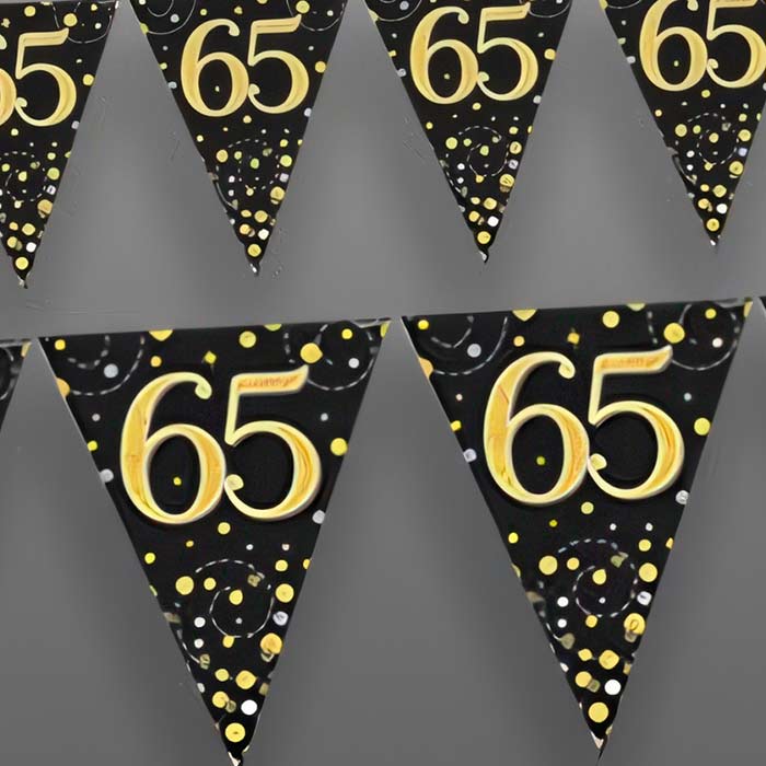 Black and Gold 65th Birthday Decorations including festive banners and celebratory themes for a memorable party