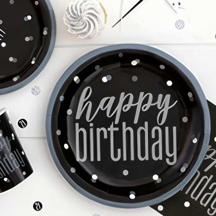 Complete your celebration with Black and Silver Birthday Party Decorations including stylish tableware and accents