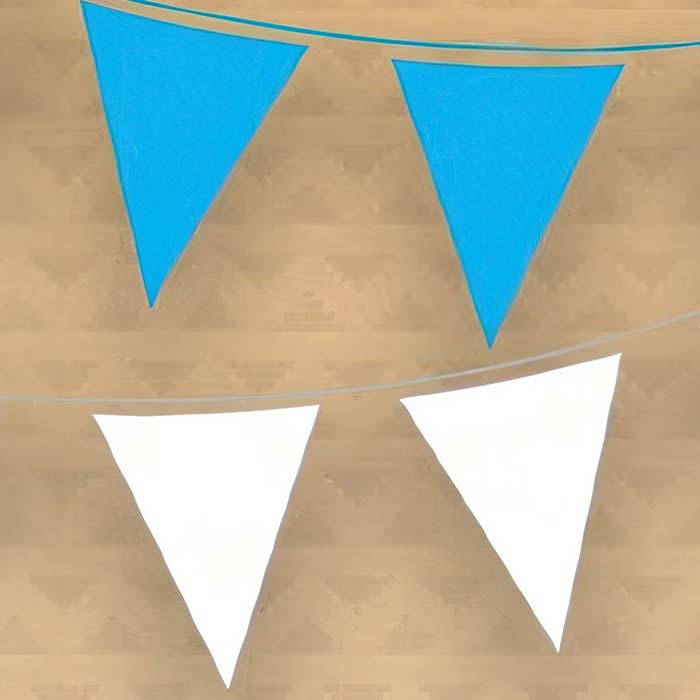 Blue and White Bunting details showcasing vibrant triangles on a rustic background, perfect for various celebrations