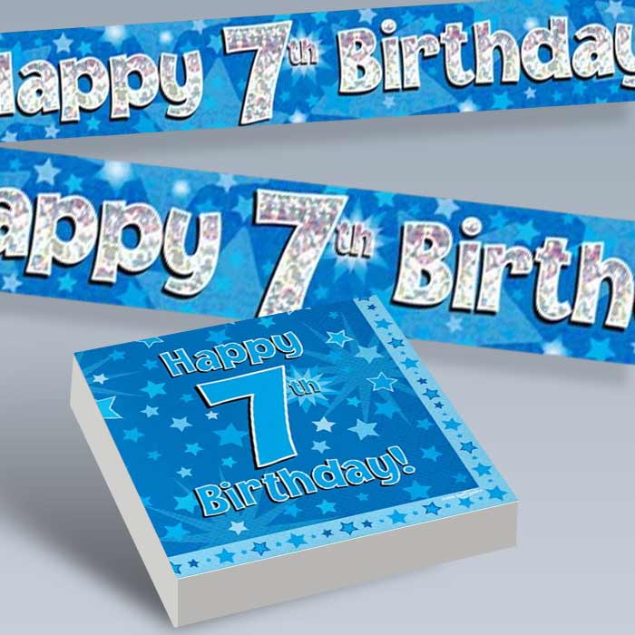 Blue Happy 7th Birthday Boy Party Supplies and Ideas