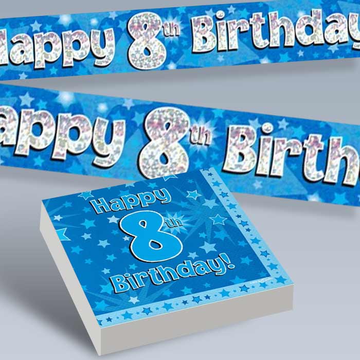 Blue Happy 8th Birthday Boy Party Supplies and Ideas
