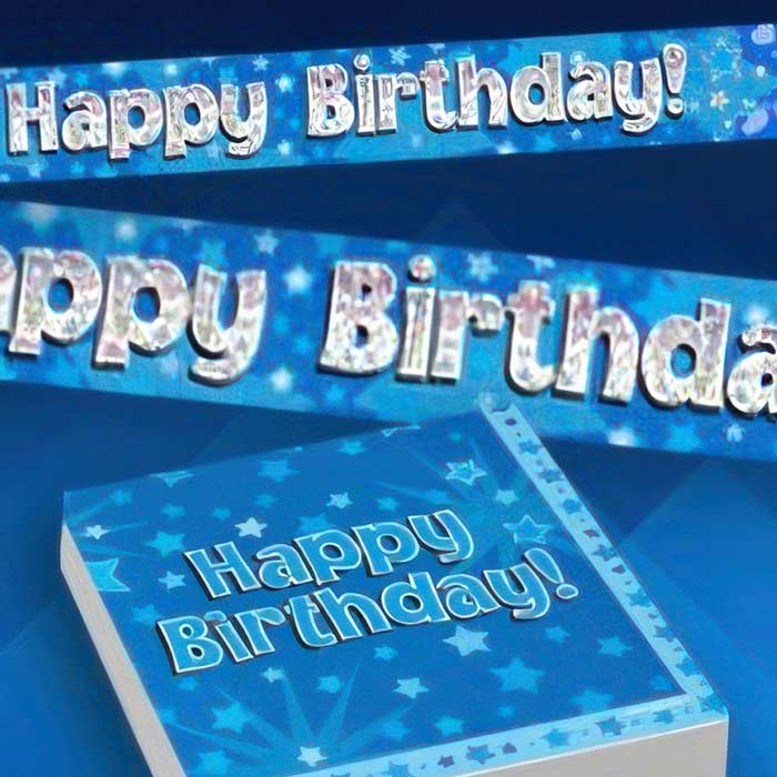 Blue Star Happy Birthday Party Supplies featuring vibrant decorations, tableware, and festive designs for celebrations