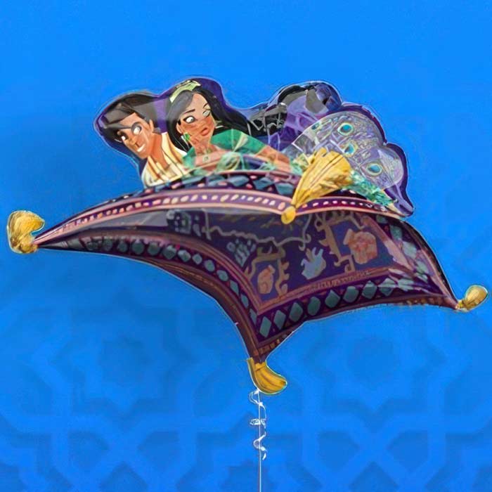 Colourful Aladdin Balloons featuring Aladdin and Jasmine soaring on a magic carpet for festive celebrations