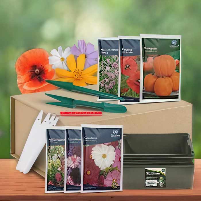 Collection of Garden Seeds, including flower and vegetable packets with gardening tools and supplies