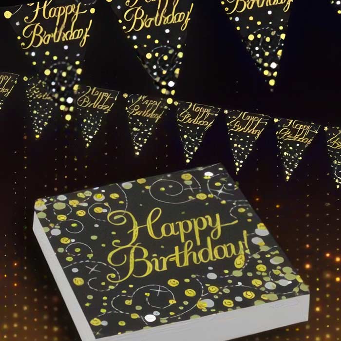 Black and Gold Birthday Party Supplies including elegant decorations and banners for a glamorous celebration