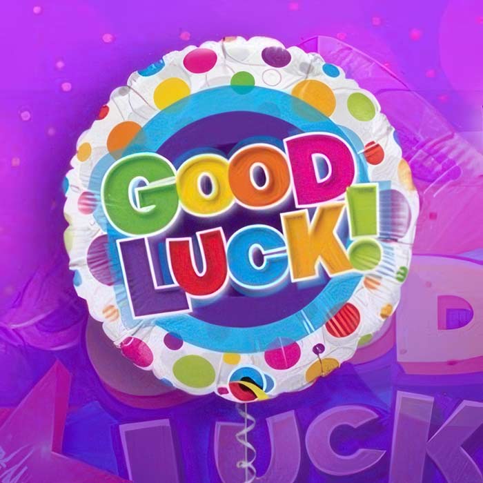 Colourful Good Luck foil balloon with vibrant lettering and playful design for celebratory occasions