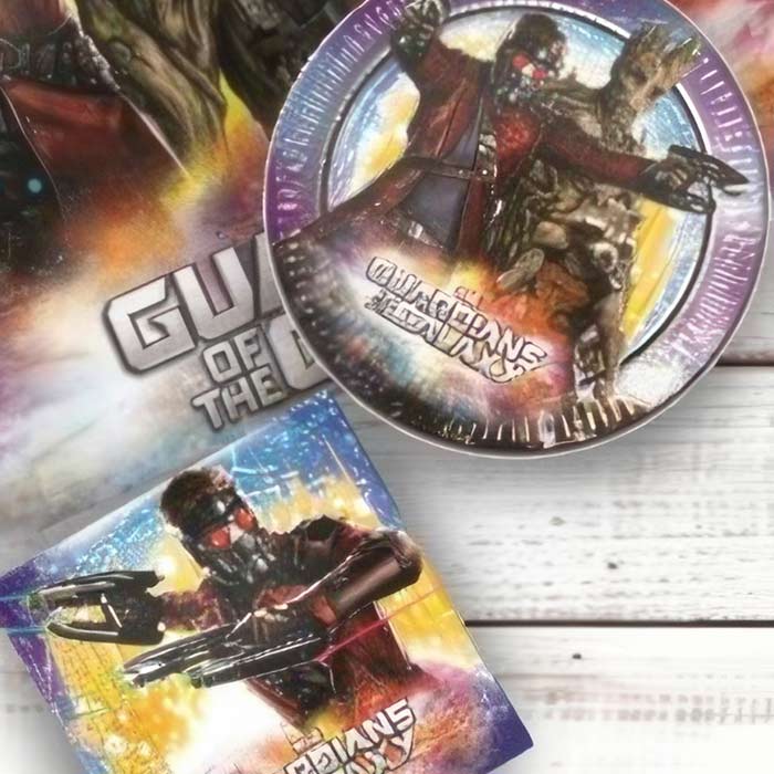 Colorful Guardians of the Galaxy Party Supplies with themed plates and napkins featuring Star-Lord and Groot