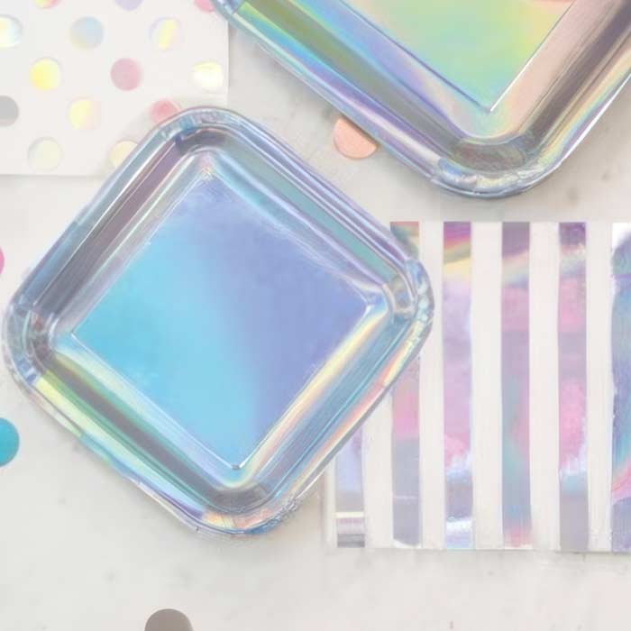 Iridescent Party Supplies including shimmering plates and decorative accents for festive celebrations