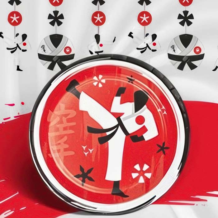 Karate Birthday Party Supplies featuring vibrant red cake plates with karate designs and festive decorations