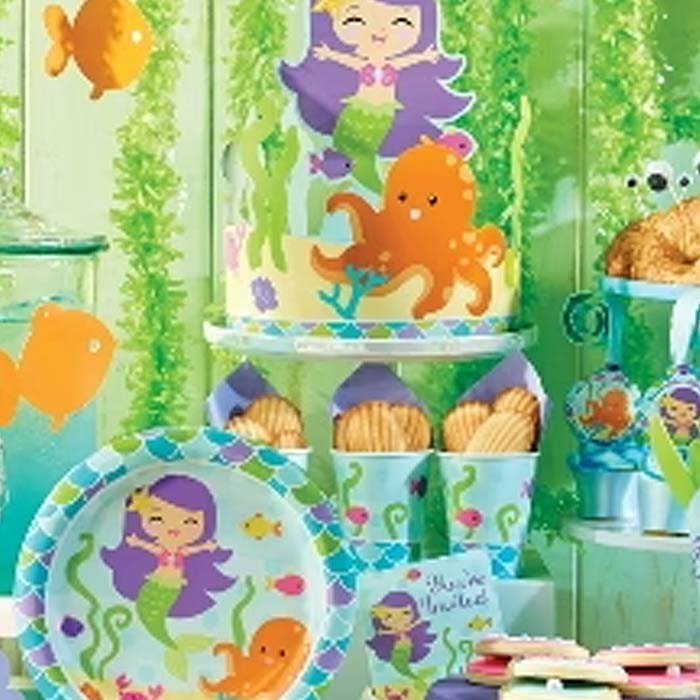 Vibrant Mermaid Party Items featuring colorful tableware, decorations and under-the-sea designs for a fun celebration