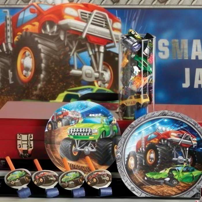 Vibrant display of Monster Truck Party Supplies including plates, decorations, and fun party accessories