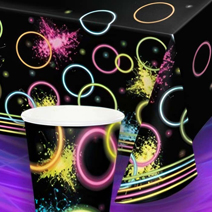 Neon Birthday Party supplies including a vibrant table cover and colorful cups for lively celebrations