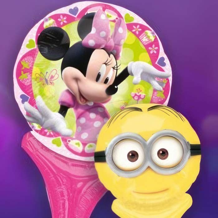 Colorful Party Bag Balloons featuring Minnie Mouse and Minion designs for festive celebrations