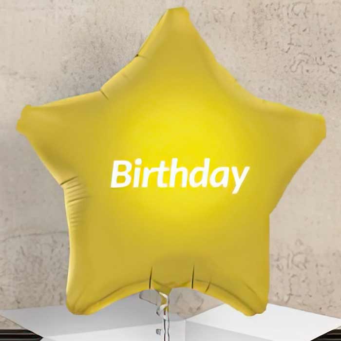 Personalised Birthday Foil Balloons with a bright yellow star shape and Birthday text
