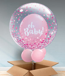 A set of three personalisable baby shower bubble balloons