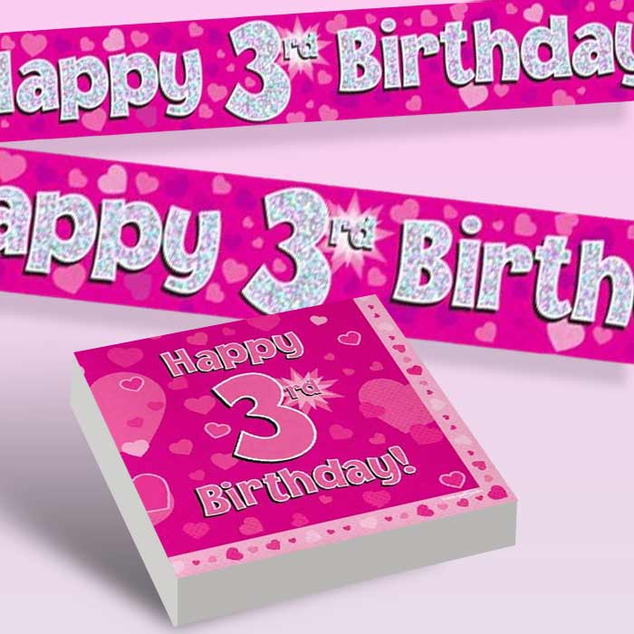 Pink Happy 3rd Birthday Girl Party Supplies & Decorations  | Party Save Smile