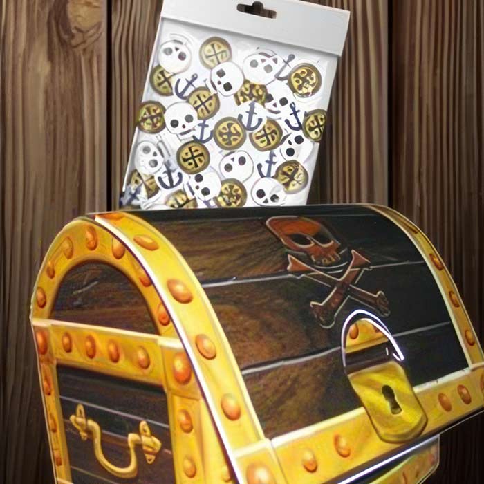 Pirate Party Table Decorations featuring a treasure chest and skull and anchor themed accessories