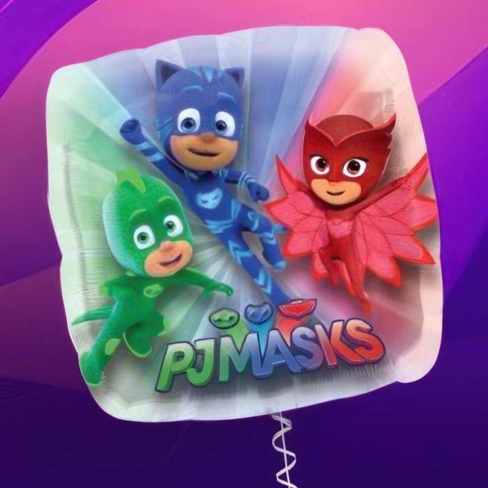 Colorful PJ Masks Party Accessories including balloons featuring Catboy, Owlette, and Gekko for a fun celebration