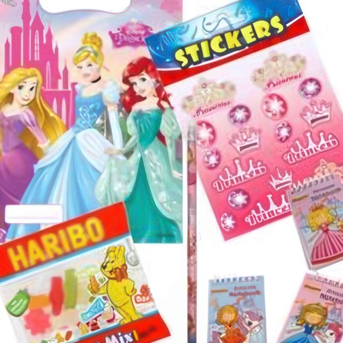 Colorful Princess Filled Princess Party Bags with stickers, candy, and princess-themed notepads