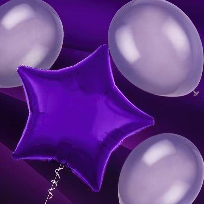 Selection of elegant Purple Balloons including bold helium and chrome styles for decor and celebrations