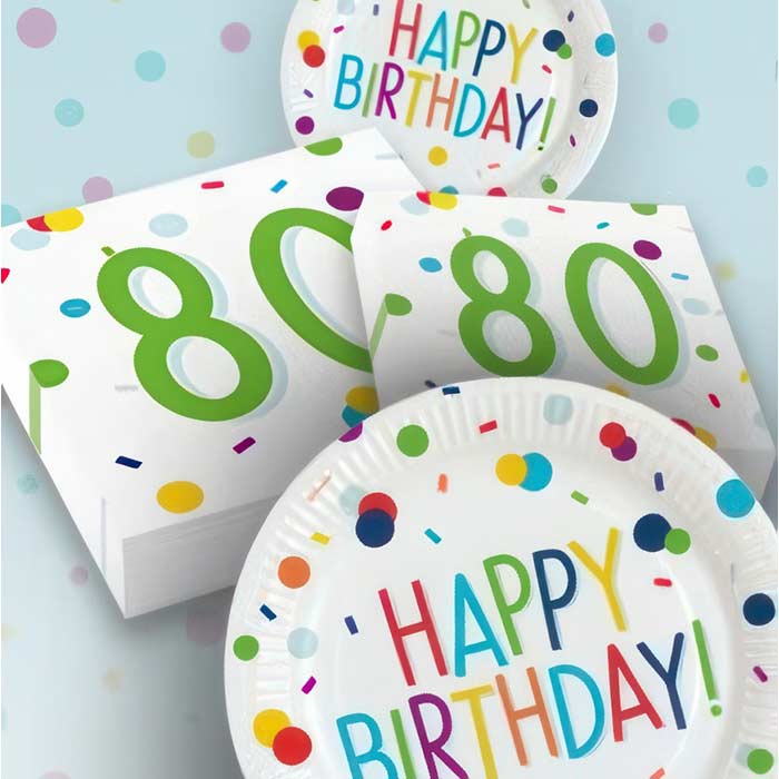 Rainbow 80th Birthday Party supplies.