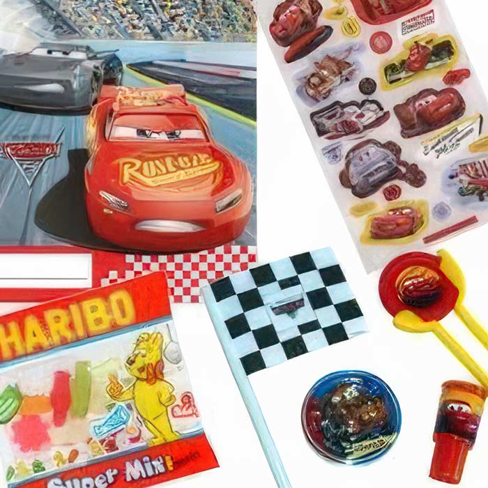 Party Bag Suggestions featuring Cars-themed bag, stickers, candy, and fun toys for ready made celebrations