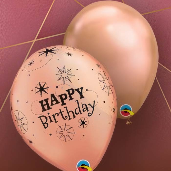 Rose Gold Latex Balloons with Happy Birthday print, perfect for celebrations and special occasions