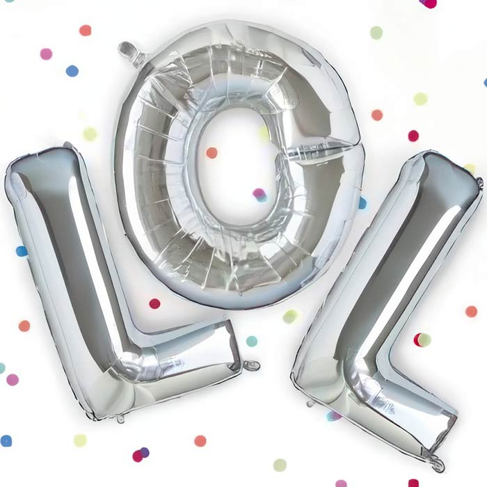 Silver Foil Letter Balloons spelling LOL, perfect for party decorations and cheerful celebrations