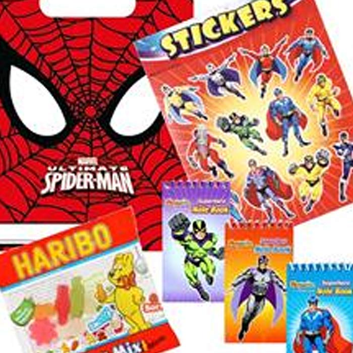 Colorful Pre Filled Superhero Party Bags featuring Spiderman, stickers, and candy treats for fun celebrations