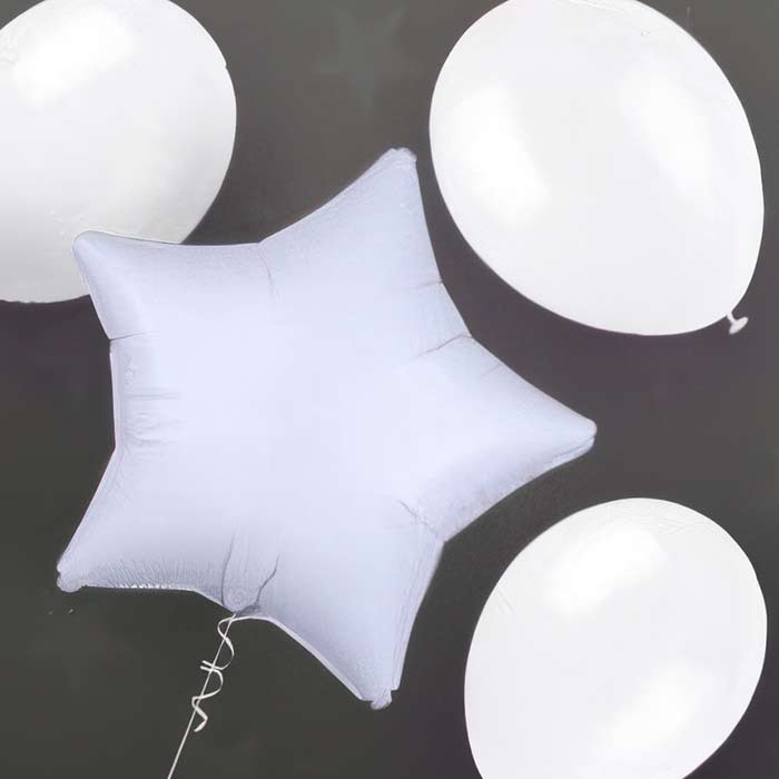 Collection of White Balloons including round latex and star-shaped foil balloons for various celebrations