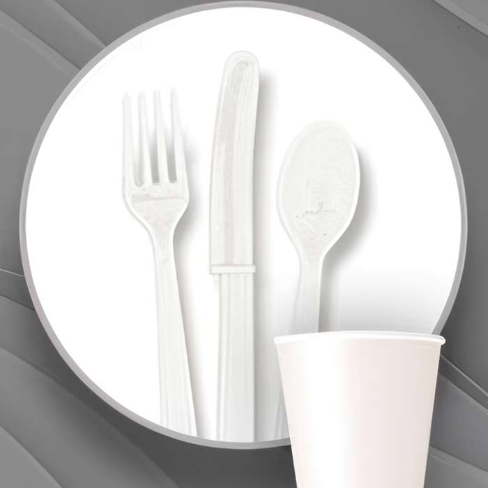 Elegant White Party Accessories including disposable cutlery and cups for your celebration