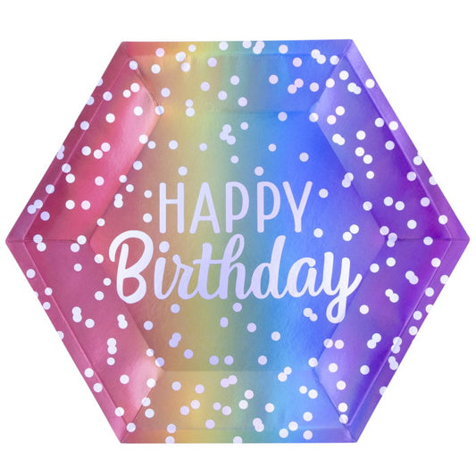 Hexagonal ombre happy birthday rainbow paper plates.