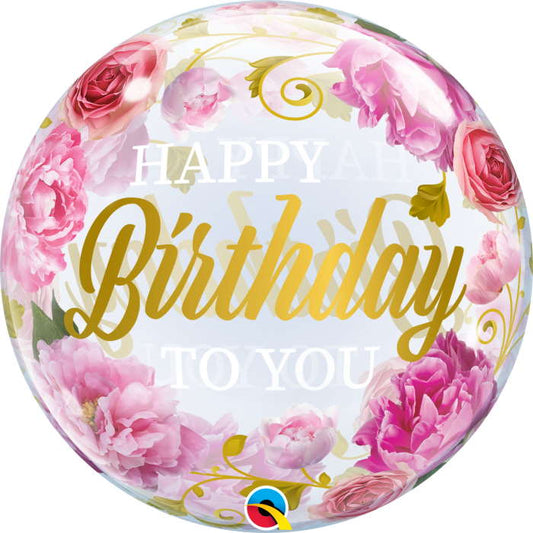 Happy Birthday Peonies Bubble Balloon 22 Inches | Party Save Smile