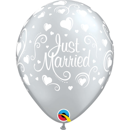 Just Married Silver Heart Latex Balloons 11 Inch Qualatex