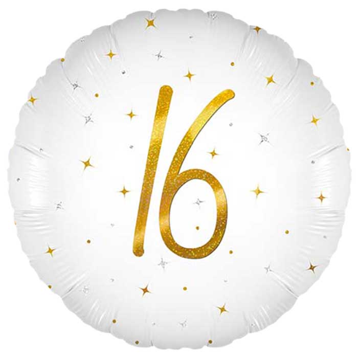 White and Gold 16th Birthday Foil Balloon 45cm | Party Save Smile