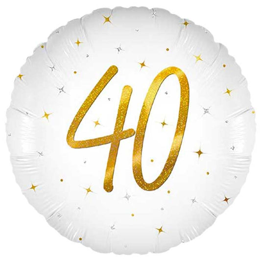 White and Gold 40th Birthday Foil Balloon 45cm | Party Save Smile