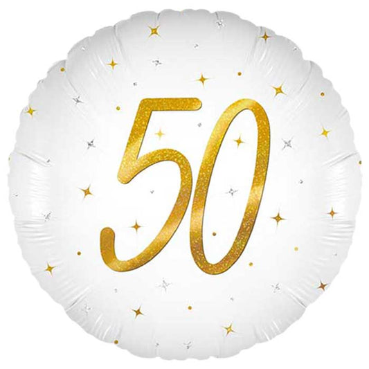 White and Gold 50th Birthday Foil Balloon 45cm | Party Save Smile