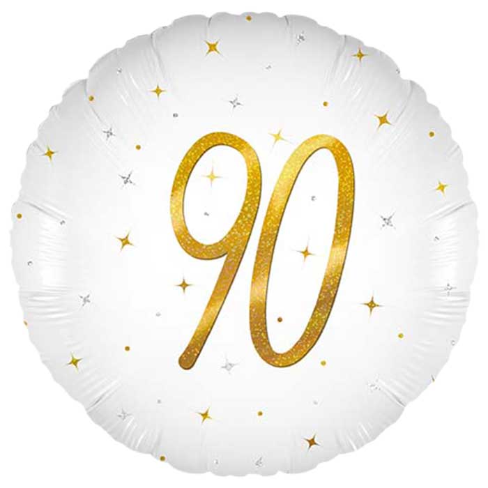 White and Gold 90th Birthday Foil Balloon 45cm | Party Save Smile