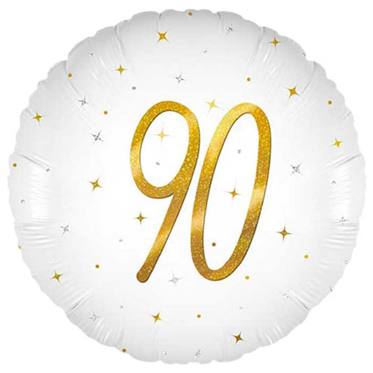 White and Gold 90th Birthday Foil Balloon 45cm | Party Save Smile