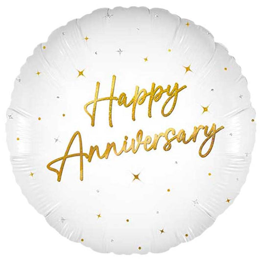 White and Gold Happy Anniversary Foil Balloon 45cm | Party Save Smile