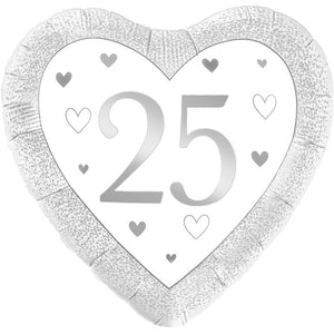 Silver Happy 25th Anniversary Heart Foil Balloon 18 inches