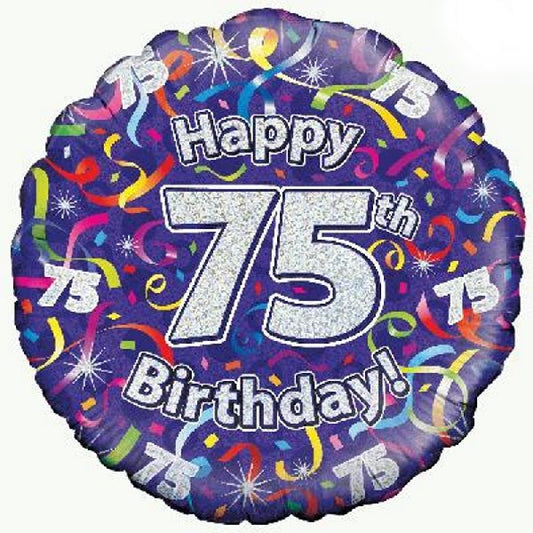 Purple Streamers Happy 75th Birthday Foil Balloon 18 Inch | Party Save Smile