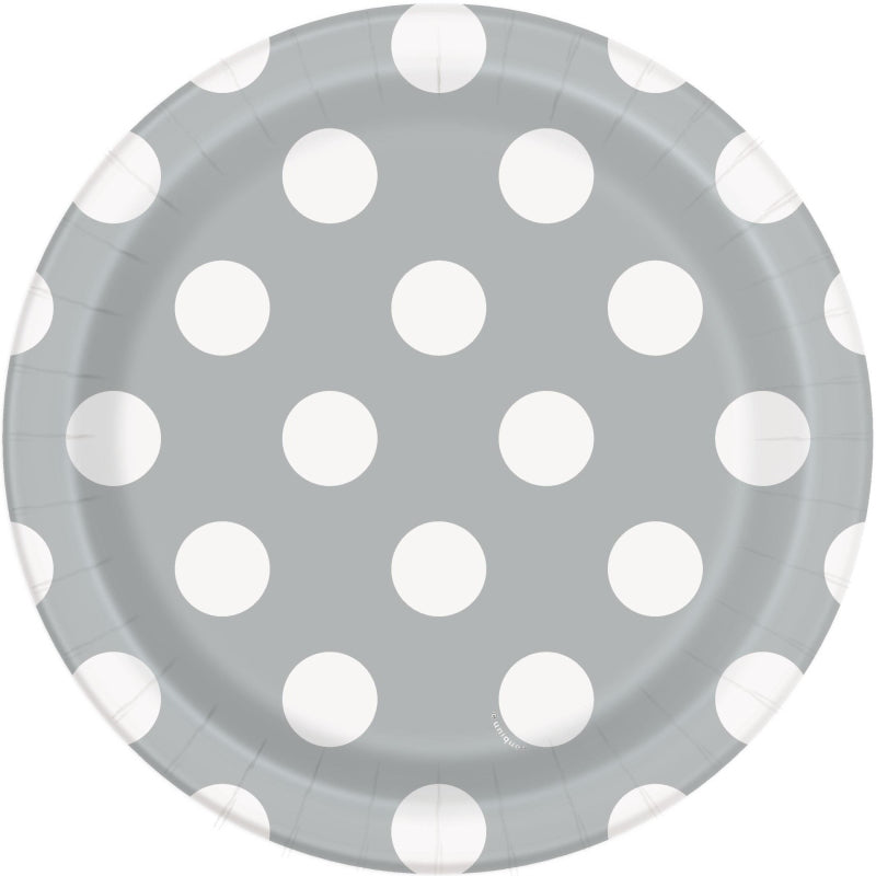 Silver Polka Dot Party Cake Plates Pack of 8 | Party Save Smile