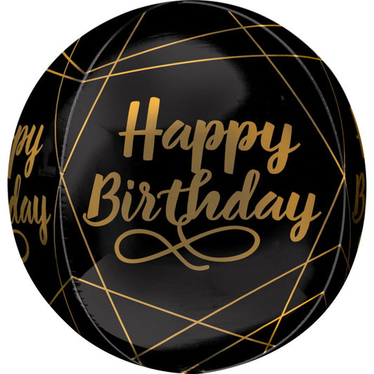 Black and Gold Happy Birthday Orbz Balloon 15 inches | Party Save Smile