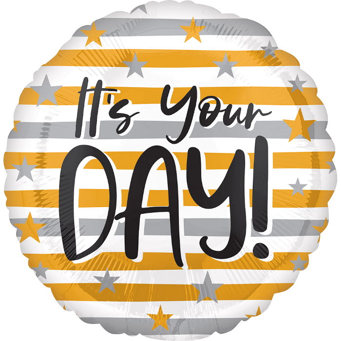 It's Your Day Gold & Silver Stripes Foil Balloon 18 Inch | Party Save Smile