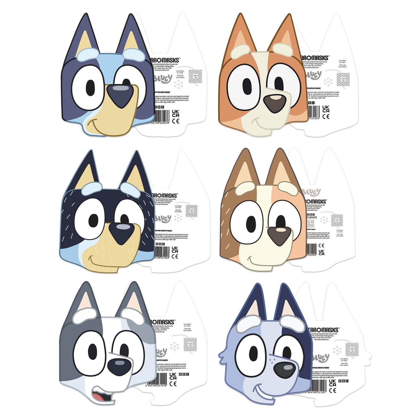 Bluey Family Party Face Masks - Bluey, Chilli, Bandit, Muffin, Bingo and Socks