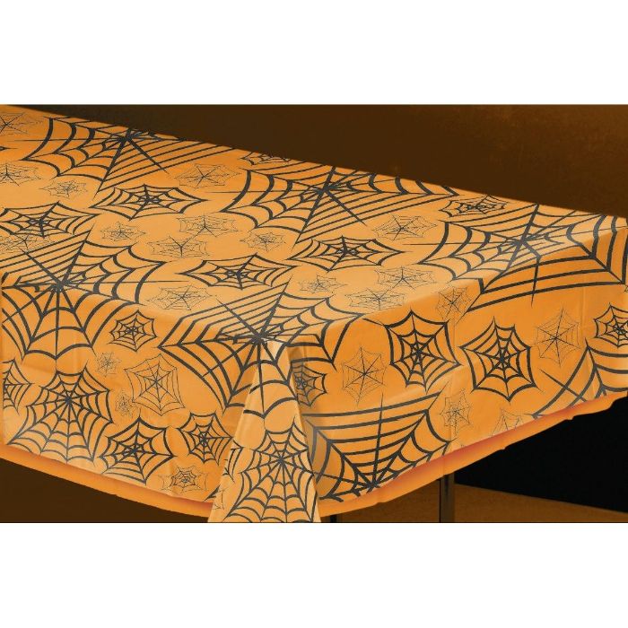 Orange Spiderweb Plastic Tablecloth 137 x 259cm | Party Save Smile