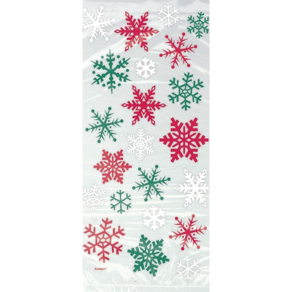Red & Green Snowflake Christmas Cellophane Bags 20 Pack | Party Save Smile